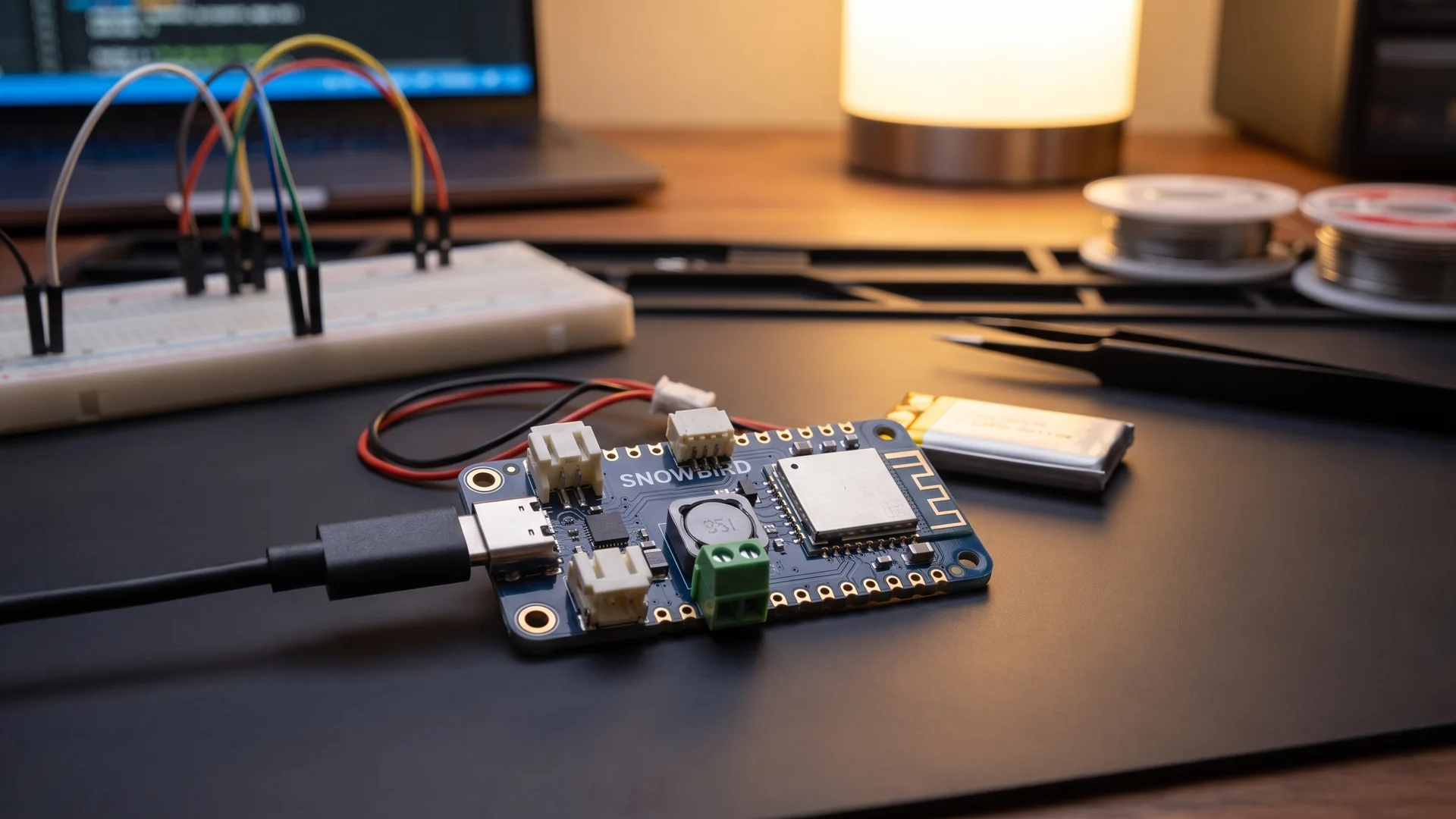 A Snowbird Feather 1S on an anti-static mat on an engineer's bench, a lithium polymer pouch cell plugged into it and a USB-C cable attached, with a breadboard and bench lamp out of focus behind.